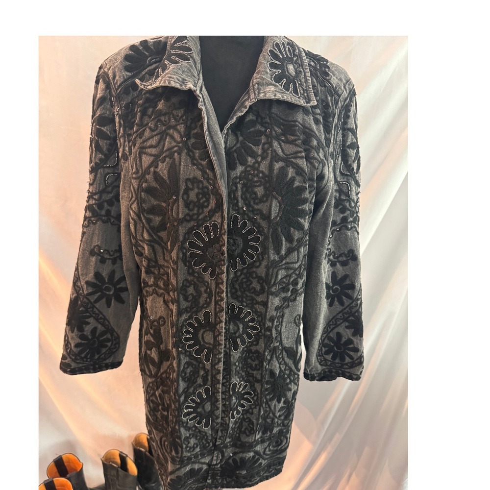 Sandy Starkman Gray Denim Embroidered Floral Sequin Longline Jacket Womens XL